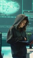 Vertical Hackers group failing to hack a system in high tech agency office, reading critical error message on big screen. Specialists trying to steal important database information from rival states. Camera A. video