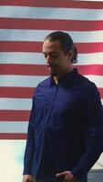 Vertical An American hacker in a governmental cyber defense room, showcasing advanced technology and hacking tools. Working on cybersecurity monitoring, digital security and national security. Camera B. video