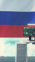 Vertical Empty cyber security room big screen running Russian flag, representing hybrid war and cyber terror. Highlighting unauthorized access, espionage and Russian hackers defamation tactics. Camera B. video