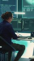 Vertical Governmental agency team conducting cyber security monitoring and threat detection tactics. IT experts work on cybercrime prevention, network security and information protection. Camera A. video