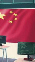 Vertical Empty governmental hacking room with chinese flag on a big screen, cyberwarfare and misinformation. Chinese propaganda, fake news and the spread of disinformation during a hybrid war. Camera B. video