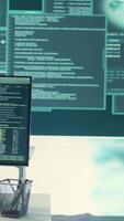 Vertical Empty governmental cyber defense and surveillance room equipped with cutting edge advanced technology. Ensuring safety from cyber attacks and digital threats with cyber security measures. Camera B. video