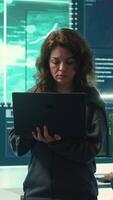 Vertical Governmental hackers execute cyber attacks by breaking passwords, compromising online security. Specialists infiltrate digital networks, breaching security protocols. Cyber surveillance. Camera A. video