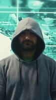Vertical Governmental hacker works with secure data on a computer network, espionage agency big screen. Cybersecurity measures to protect against digital threats and data breaches. Camera B. video