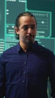 Vertical Hacking group targeting network security in governmental office, cyber attacks. Digital security specialists monitoring cyber operations and surveillance, preventing illegal activities. Camera A. video