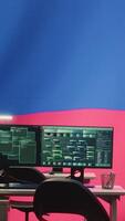 Vertical Empty governmental hacking room with Russian flag on big screen, highlighting cyber terror and misinformation. Russian federation manipulating with disinformation campaigns. Hybrid warfare. Camera A. video