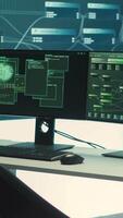 Vertical Empty governmental hacking and surveillance room with computers and network displays. Focus on cyber security monitoring, threat detection and cyber operations. Espionage agency. Camera A. video