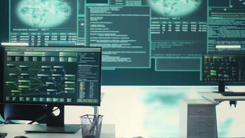 Empty governmental cyber defense and surveillance room equipped with cutting edge advanced technology. Ensuring safety from cyber attacks and digital threats with cyber security measures. Camera B. video