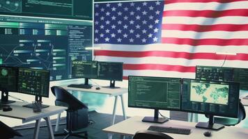 Empty cybersecurity operations center featuring an American flag. Highlighting IT, digital security and advanced technology for secure computing and cyber intelligence. Hybrid warfare. Camera B. video
