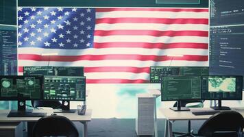 Empty governmental surveillance room shows an American flag, cybersecurity and data protection. High tech operations center focusing on threat and malware detection, security protocols. Camera B. video