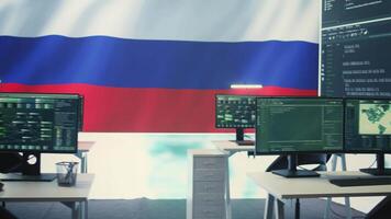 Empty cyber security room big screen running Russian flag, representing hybrid war and cyber terror. Highlighting unauthorized access, espionage and Russian hackers defamation tactics. Camera B. video