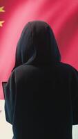 Vertical Terrorist person in a Chinese cyber security room hacking national systems, reading fake news and hybrid warfare propaganda. Digital mercenary group spread misinformation and falsification. Camera B. video