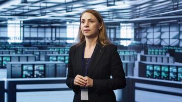 System administrator in high tech data center looking at hologram visualization. Computer scientist working on securing server terminals using AR tech, preventing hacker attacks, camera A video