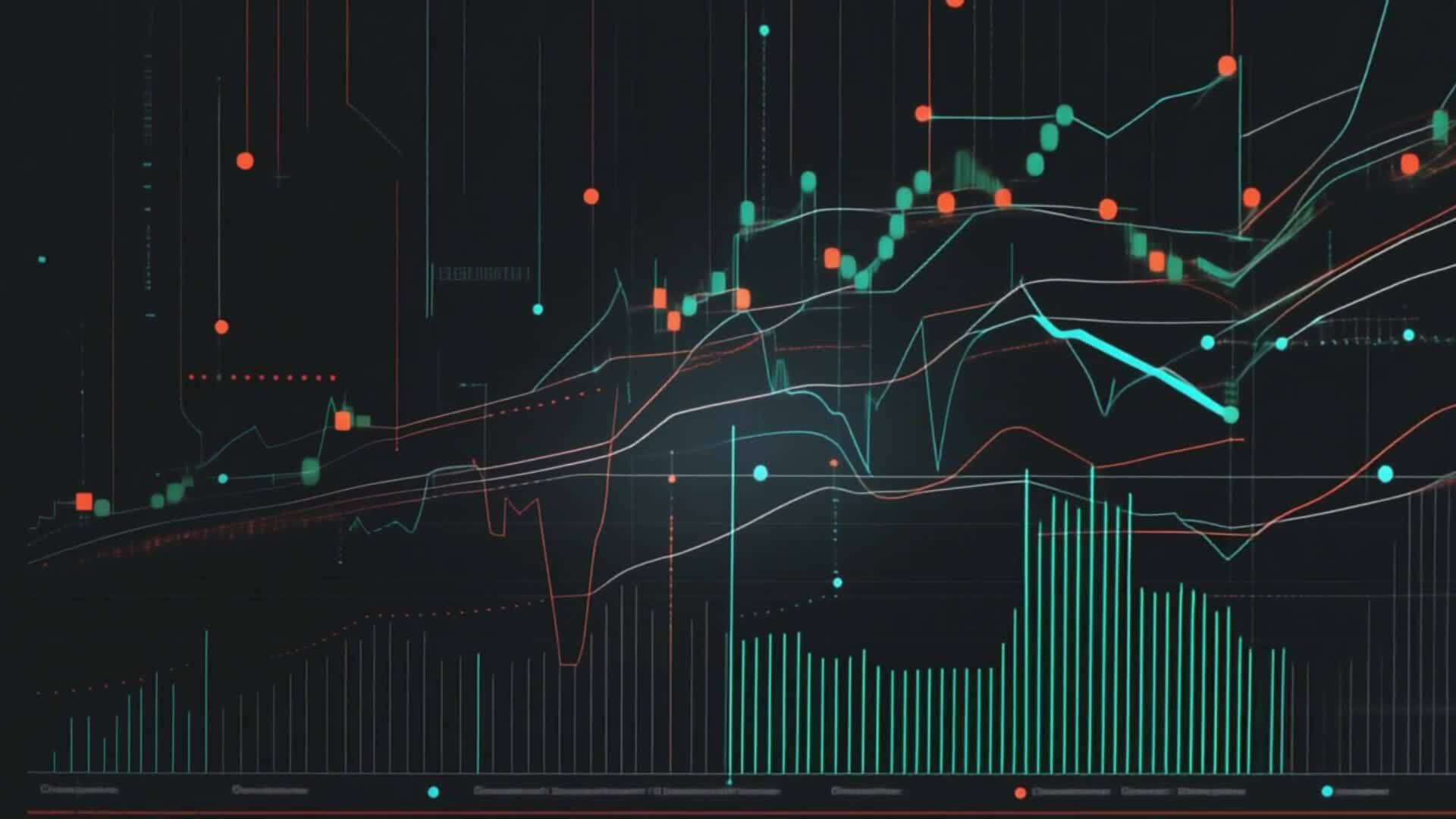 Complex digital chart with intersecting lines and data points on dark ...