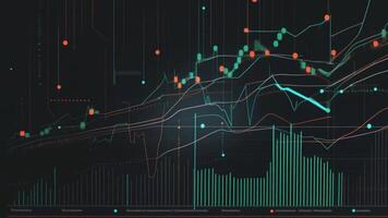 Complex digital chart with intersecting lines and data points on dark background video
