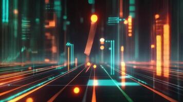 High-tech digital chart with neon lights and dynamic data points in motion video