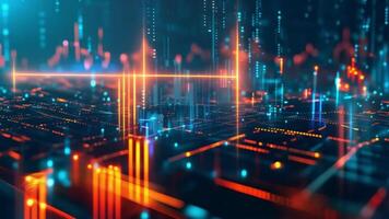 Futuristic digital chart with neon lights and glowing data visualizations video