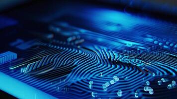 Close-up view of a digital fingerprint with blue circuit board background video