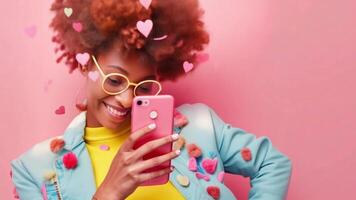 Woman smiling and enjoying herself while looking at her cell phone video