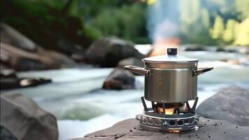 Flame under the gas cooker while camping by a serene riverside video