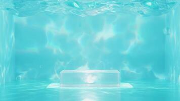 Underwater ocean with cube podium empty, reflect sunlight on surface. reflecting sparkling light on background. cosmetic display product stage concept, 3d illustration render video