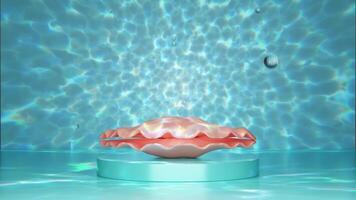 Underwater ocean with podium empty, shellfish, reflect sunlight on surface. reflecting sparkling light on background. cosmetic display product stage concept, 3d illustration render video