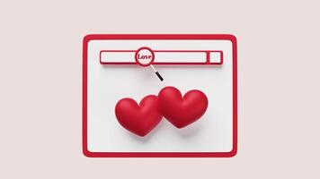 tablet with red double heart, magnifying glass, smartphone isolated on pink background. looking for a partner concept, 3d illustration render video