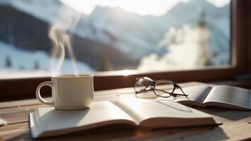 un taza de café es poner en un mesa siguiente a un libro. el vapor desde el café es creciente arriba y relleno el habitación. el escena es acogedor y atractivo, con el calor de el café video