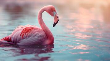 Pink Flamingo Floating in Water photo