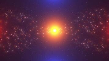 Abstract glowing particles of light and sparkles fly from a bright source of heavenly light. Seamless loop 4k video