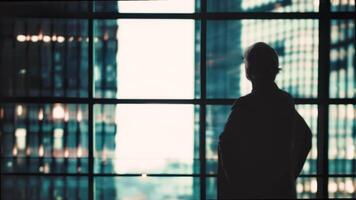 Silhouette of a businesswoman in a formal business suit standing in front of a large window inside a skyscraper, looking into the distance and thinking, back view video