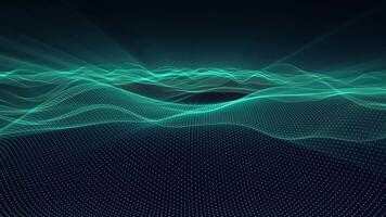 Flying through cyberspace with abstract wave field on a dark background with shine effect. Digital animation for computer science, internet connections, data programming and neural network. 4k 60 fps video