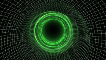 Seamless loop animation of abstract wavy tunnel made of green technological grid with bright glow effect. Slowly moving background for digital information flow and computer connection. Looped 4k 60fps video
