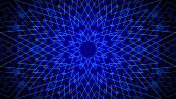 Seamless loop animation of blue mandala pulsating with shiny psychedelic patterns on a dark background. Hypnotic kaleidoscope for yoga art visualization and trance music festival performance. 4k 60fps video