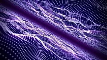Virtual field with white cloud waves made of digital dots. Seamless loop animation of abstract wavy stream on a dark purple background. Cyber technology, data flow and neural network system. 4k 60fps video