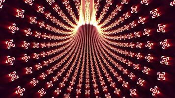 Abstract glowing tunnel made of randomly rotating ornamental elements with bright shine effect. Psychedelic wormhole background for science, technology, art and music festival performance , 4K 60fps video