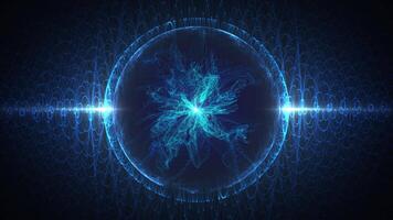 Seamless loop background with blue energy structure morphing inside a spherical field. Glowing patterns animation for digital technologies, sound visualization and music festival performance. 4k 60fps video