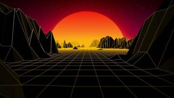 Retro sunset background with glowing yellow grid landscape and moving camera. Retrowave or synthwave animation in a vintage style for nightclub performance and music festival visualization. 4k , 60fps video