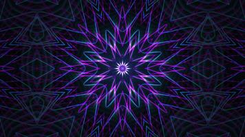 Looped psychedelic background with neon kaleidoscope in a shape of fractal star flower. Glowing purple and blue lines in trippy patterns spread and pulse with bright shiny rays. Seamless loop 4k 60fps video