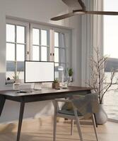 A modern home working room with a computer desk near by the window, a ceiling fan, and accessories. photo