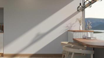 Side view image of a beautiful dining table is near the large glass window with a view in a room. photo