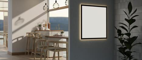 A frame mockup with a neon light attached to the wall in a modern, minimal cafe or restaurant. photo