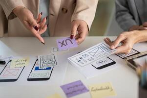 A cropped shot of a group of UX and UI graphic designers working in the meeting. photo