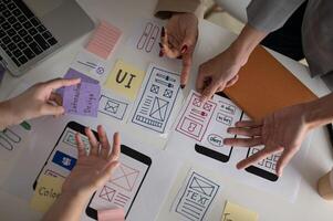 Top view image of a UX UI graphic designer team voting a perfect prototype in the meeting. photo