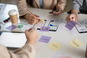 A meeting table with a graphic designer team and various prototype for a new mobile application. photo