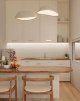 Copy space on a minimal wooden kitchen counter in a minimalist white kitchen. photo