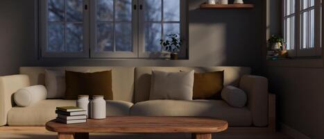 A cosy, modern home living room interior design with a comfortable couch near by the window. photo