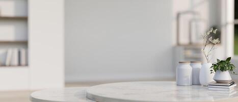 Close-up image of a copy space on a white marble table with accessories in a modern, white room. photo