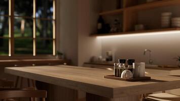 Close-up image of a hardwood dining table in a modern, Scandinavian kitchen. photo