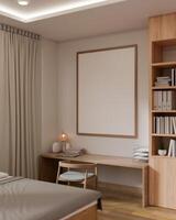 A blank empty picture frame mockup on a white wall, a wooden work table in a modern, cosy bedroom. photo
